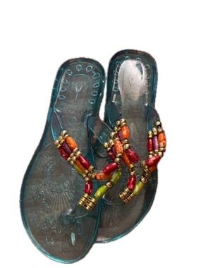 Teal Jelly Beaded Slide Sandals with Multicolor Accent Beads